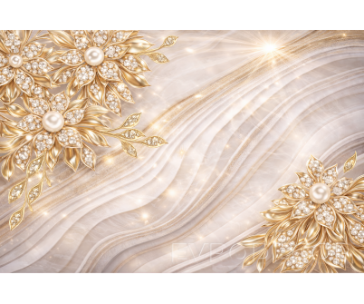 Луксозен фототапет със златни орнаменти, перли и абстрактни вълни